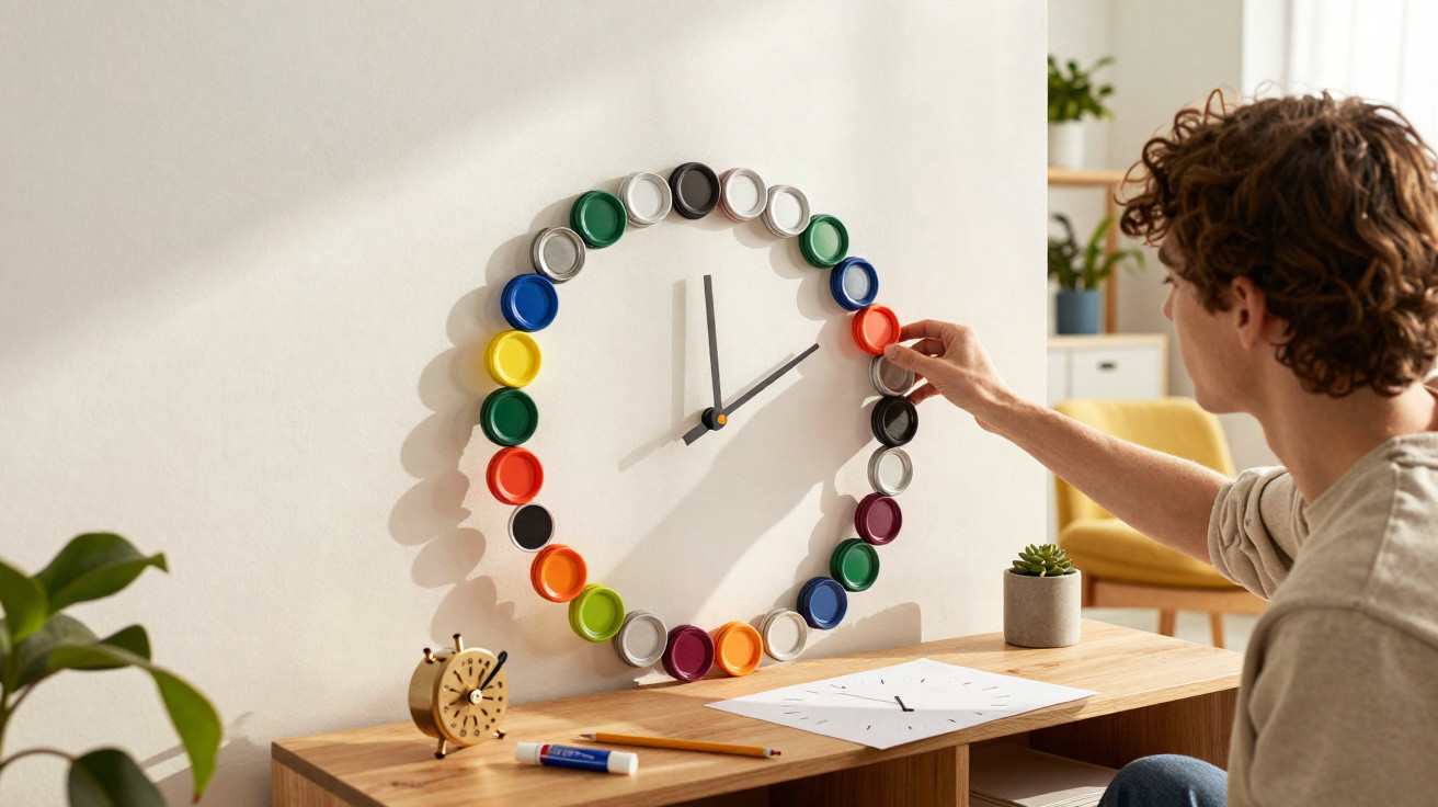 Person befestigt bunte Deckel als Ziffern an einer Wand, die eine Uhr bilden, im hellen Zimmer