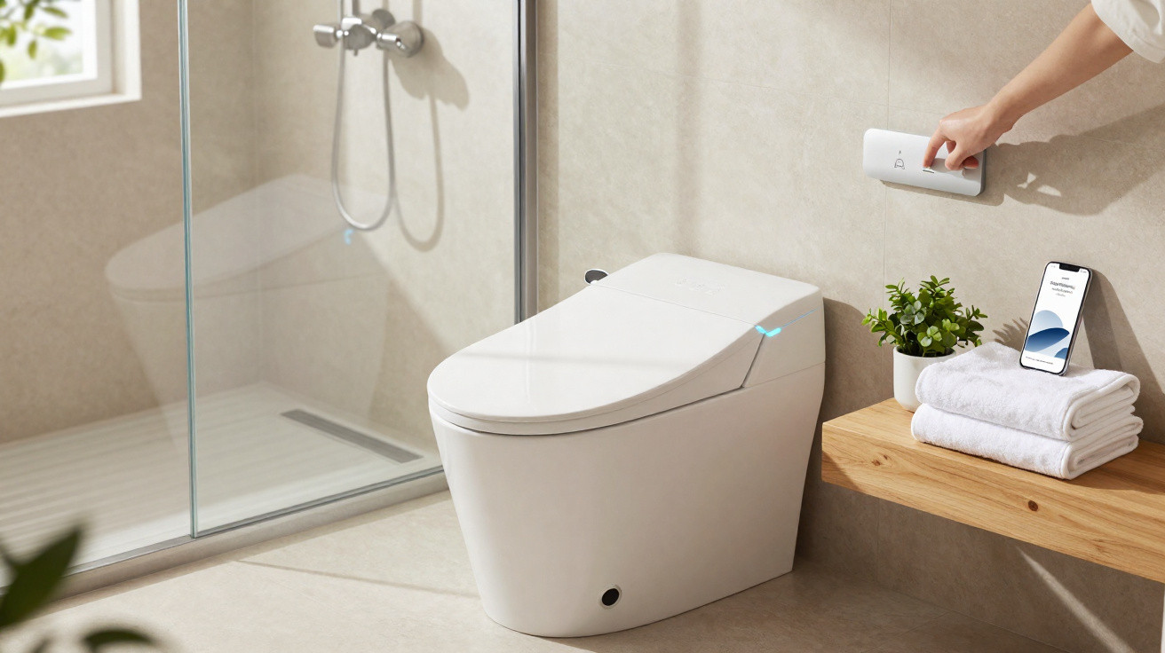 Modernes Badezimmer mit intelligenter Toilette, Handsteuerung und Smartphone auf Holzbretthalterung neben Handtüchern und Pfl