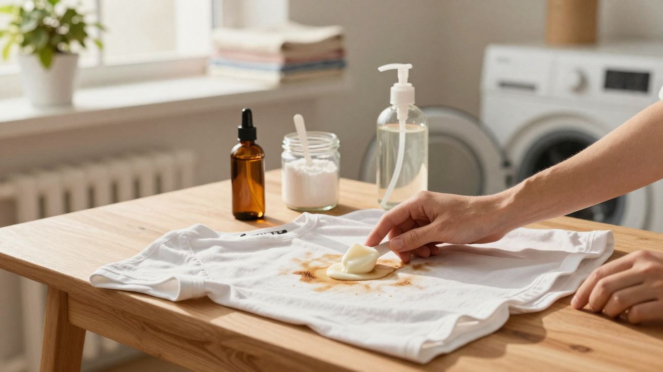 Hände tragen Fleckenentferner auf weißen T-Shirt-Fleck auf Holztisch mit Waschmittel und Waschmaschine auf.