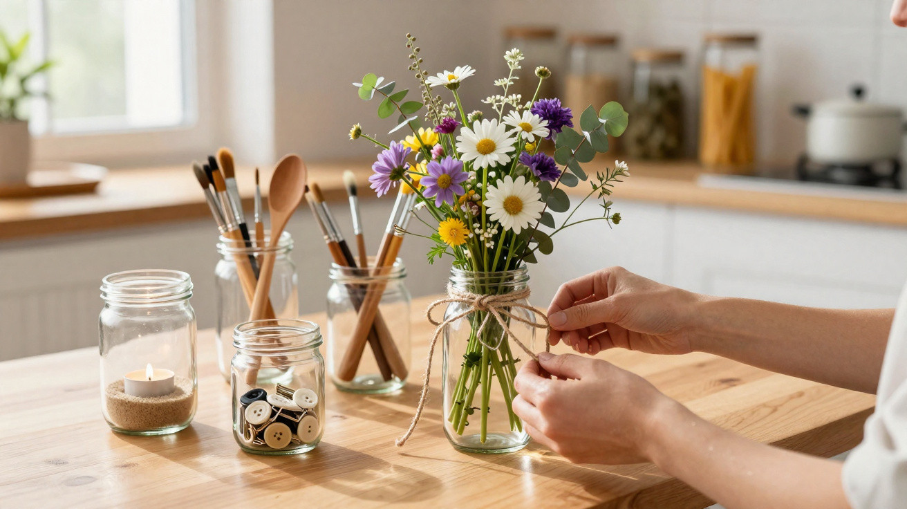 Person bindet mit Juteband einen Blumenstrauß in Glasvase auf hellem Holztisch in heller Küche.
