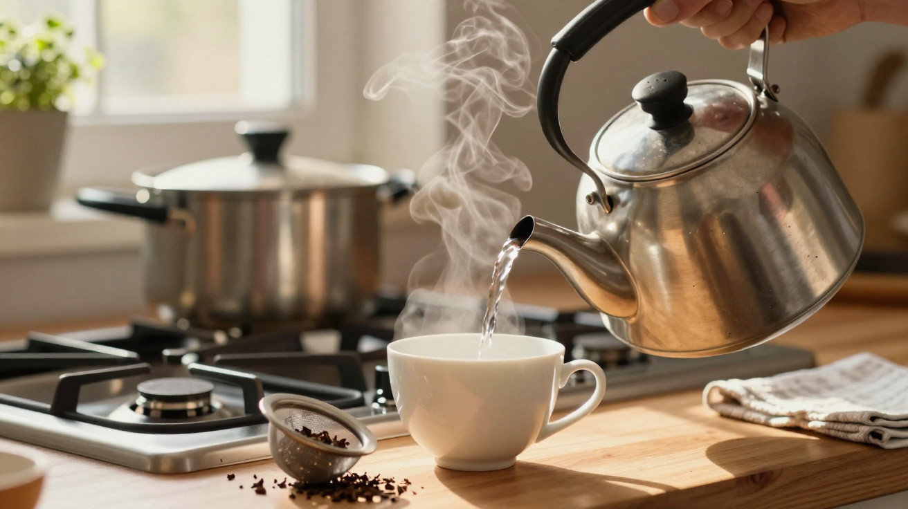 Wasserdampf steigt auf, während heißes Wasser aus einem Teekessel in eine weiße Tasse in einer hellen Küche gegossen wird.