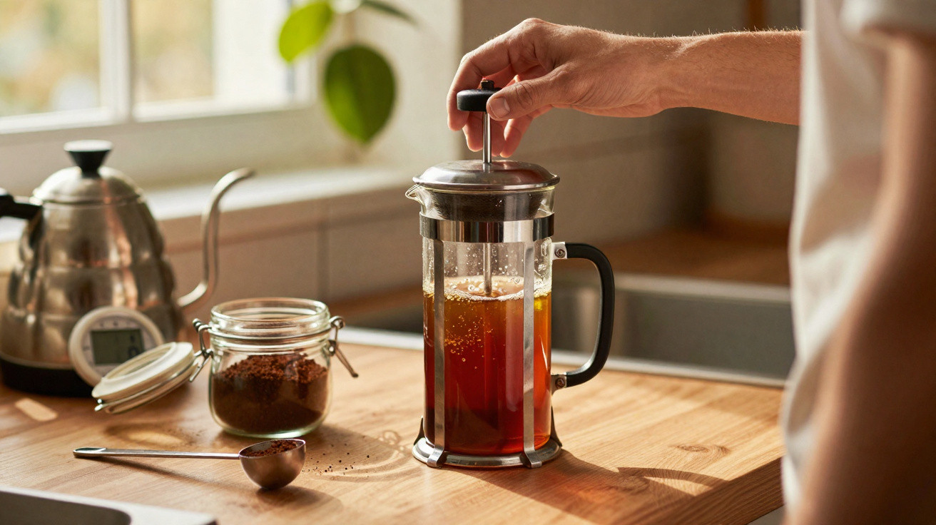 Hand presst French Press mit frisch gebrühtem Kaffee auf einer Küchenarbeitsplatte mit Kaffeebohnen.