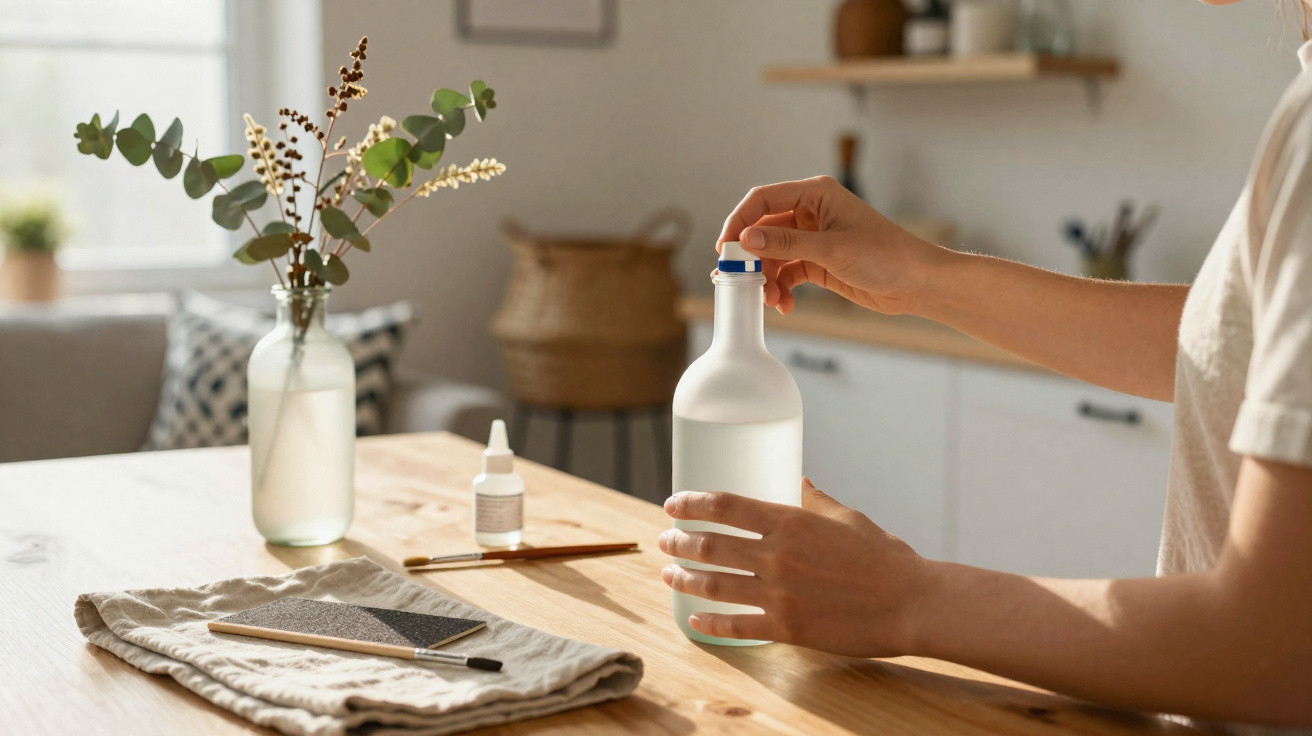 Person öffnet eine weiße Glasflasche an einem Holztisch mit Deko und Schreibutensilien.