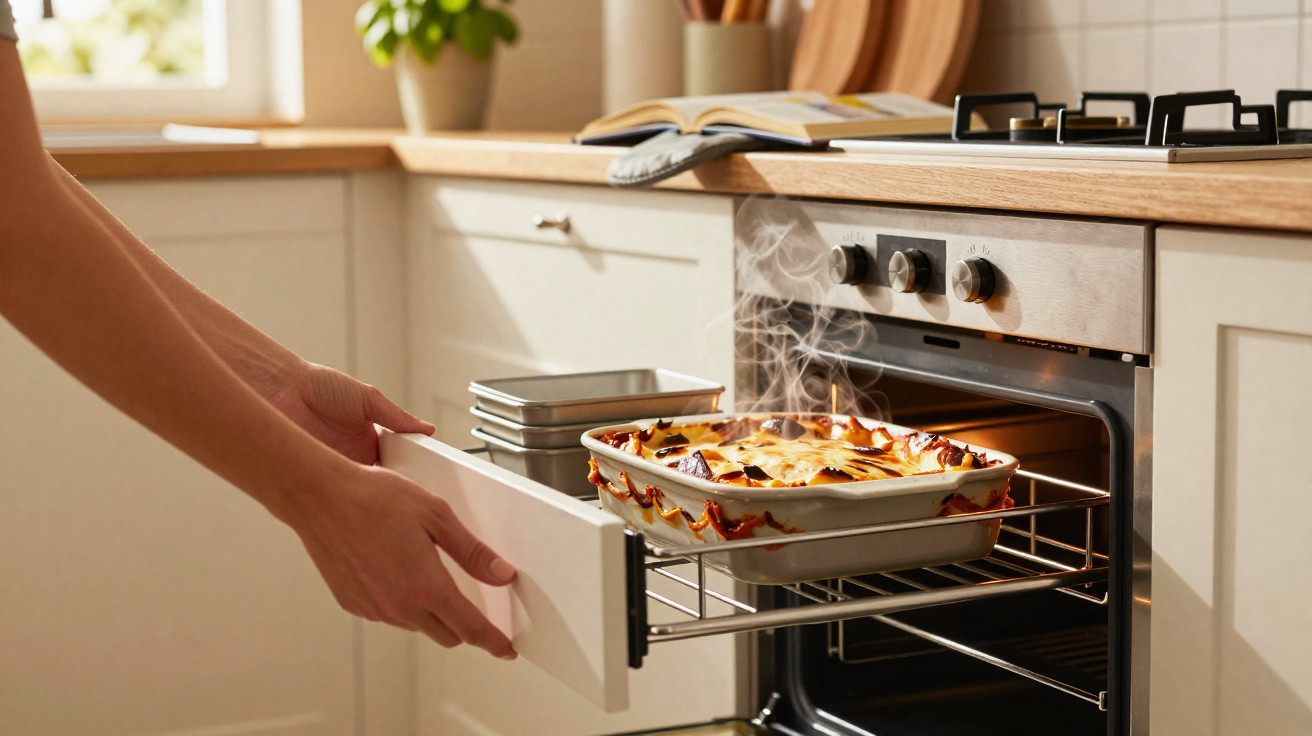 Person nimmt dampfenden Auflauf aus einem eingebauten Backofen in moderner, heller Küche.