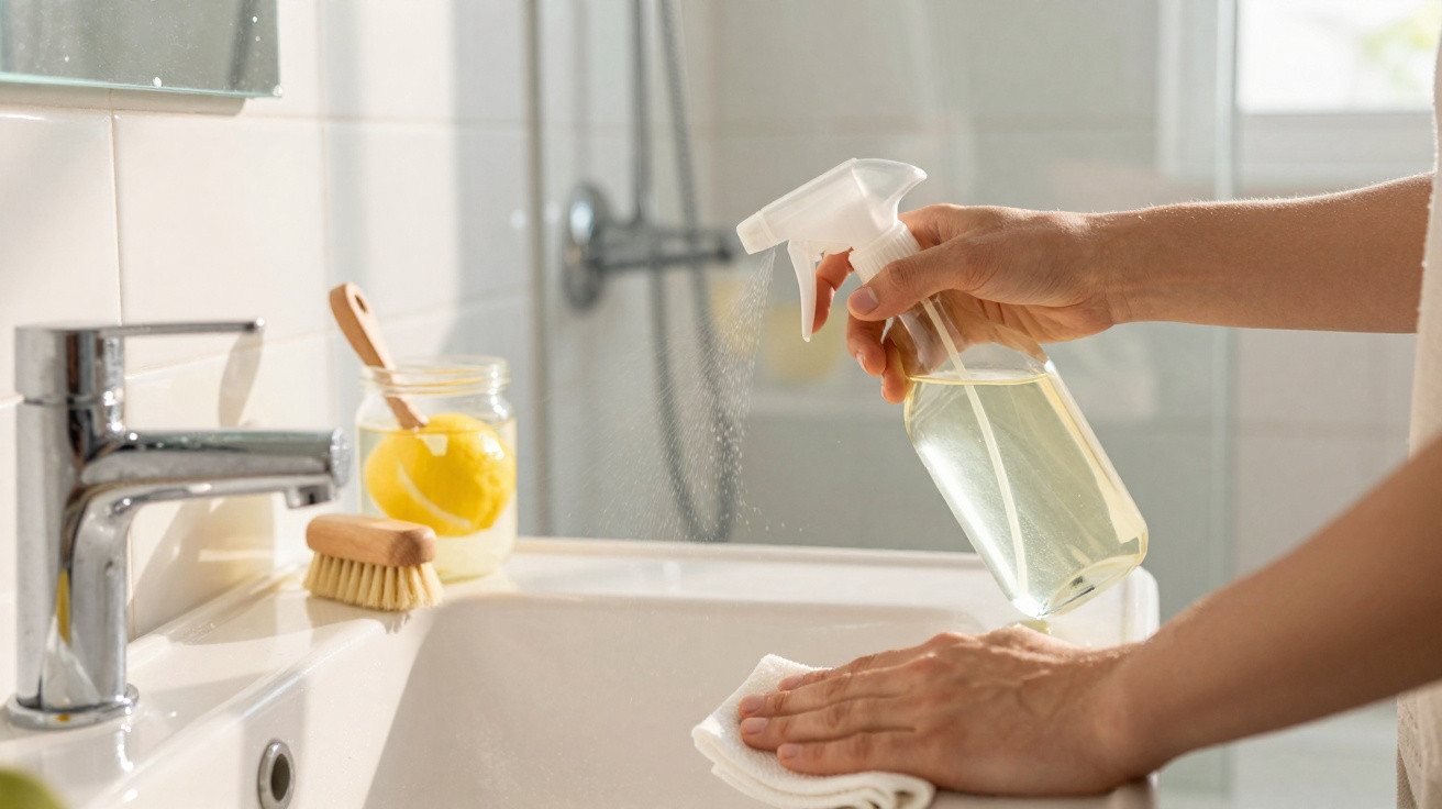 Hand sprüht Reinigungsmittel aus Sprühflasche auf Waschtisch im Badezimmer zum Putzen.