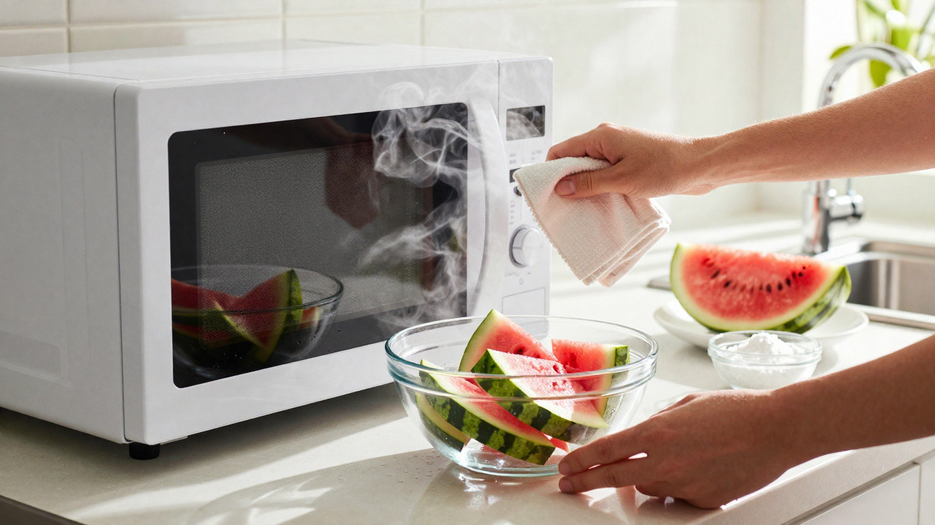 Hand wischt Mikrowellentür ab, daneben Schüssel mit Wassermelonenstücken und Dampf aus der Mikrowelle.