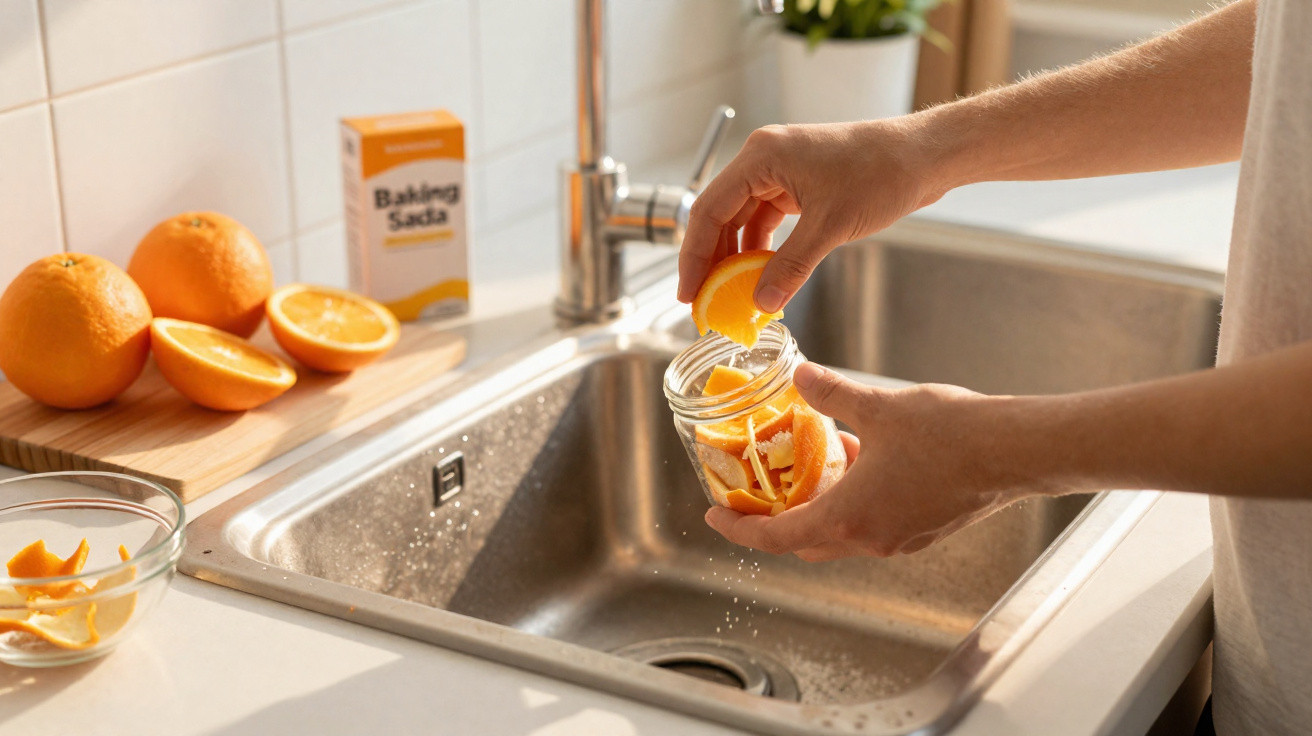 Hände legen Orangenschalen in ein Glas über der Küchenspüle, daneben Backpulver und Orangen auf Schneidebrett.