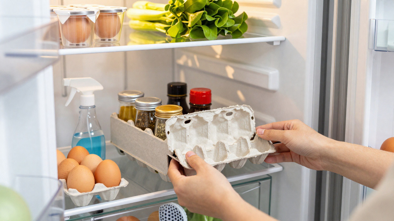 Person stellt leere Eierverpackung in Kühlschrank mit Eiern, Gewürzen und Gemüse.