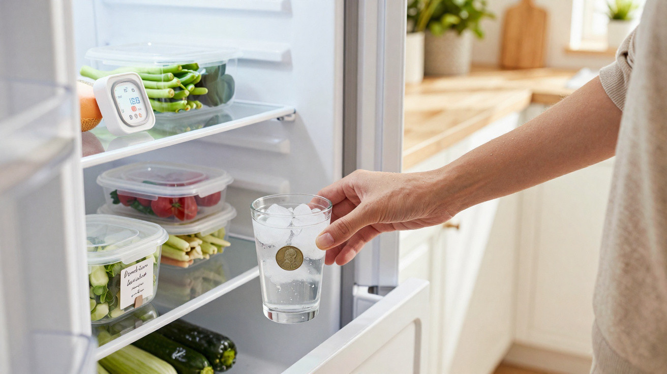 Hand hält Glas mit Eiswürfeln und Münze vor offenem Kühlschrank mit Gemüse und Temperaturanzeige.