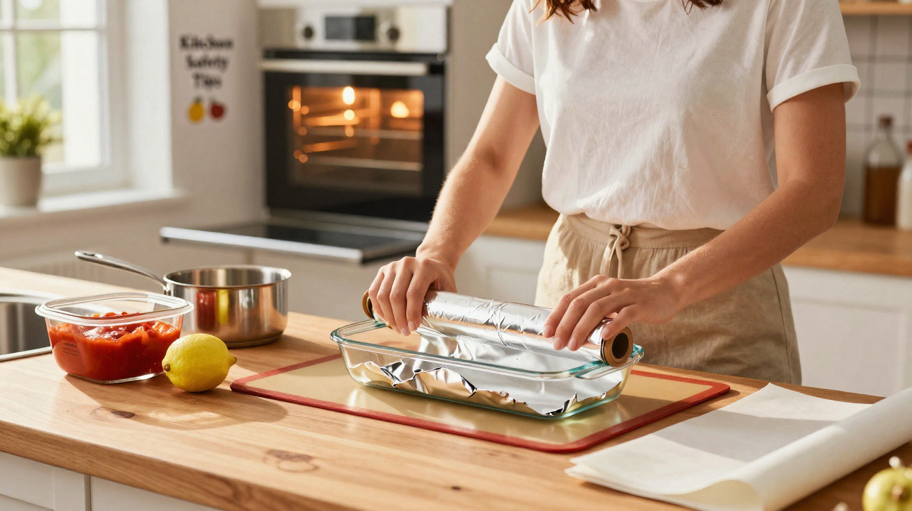 Frau legt Alufolie in eine Glasform auf der Küchenarbeitsplatte, im Hintergrund ein eingeschalteter Backofen.