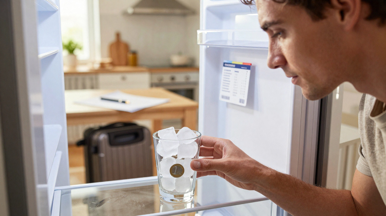 Mann hält Glas mit Eiswürfeln und Euro-Münze vor offenem Kühlschrank in moderner Küche.