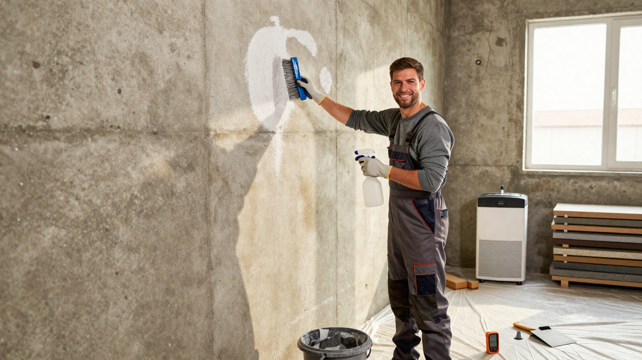 Mann in Arbeitskleidung reinigt mit Sprühflasche und Schwamm eine Wand in einem leeren Raum.