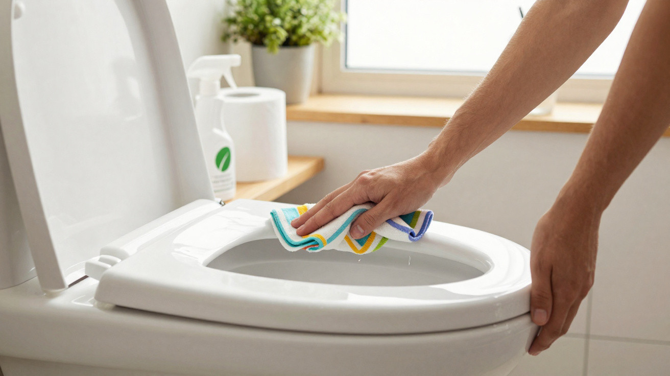 Hand reinigt die Toilettenbrille mit Tuch in einem hellen Badezimmer nahe Fenster und Papiertüchern.