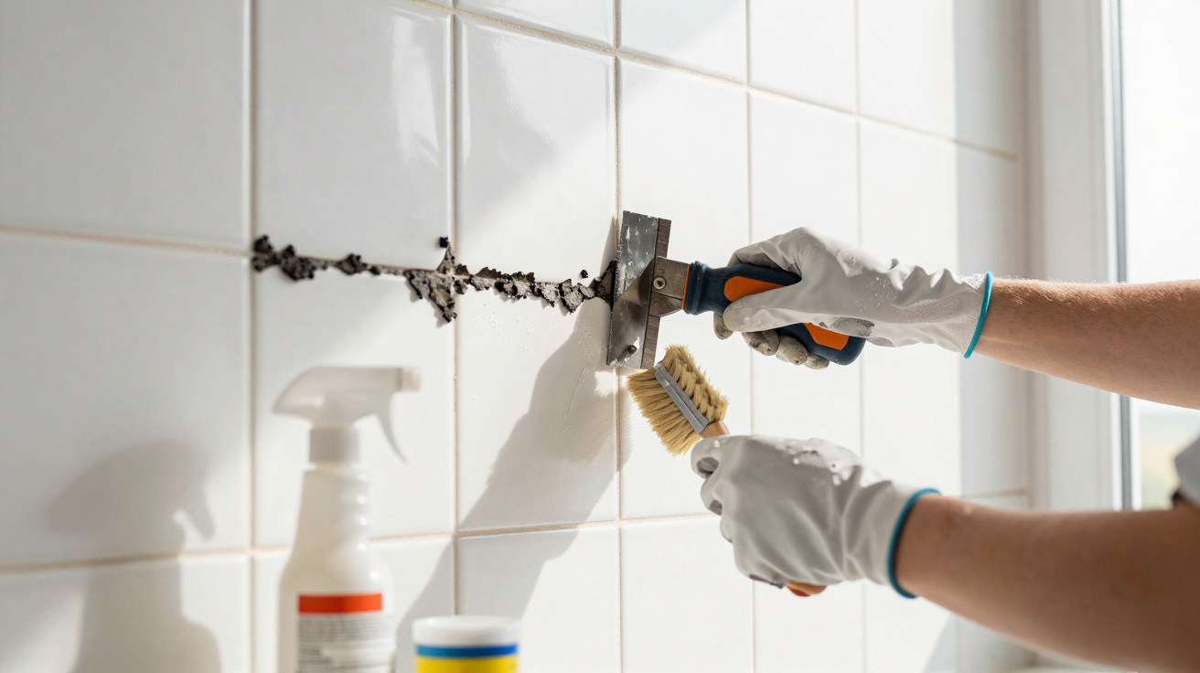 Person entfernt mit Handschuhen altes Fugenmaterial zwischen weißen Fliesen an Wand mit Spachtel und Bürste.