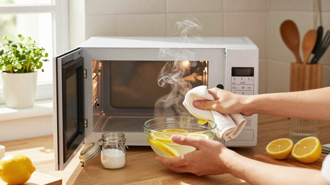 Hand hält dampfende Glasschüssel mit Zitronenscheiben vor geöffneter Mikrowelle in hellen Küche.
