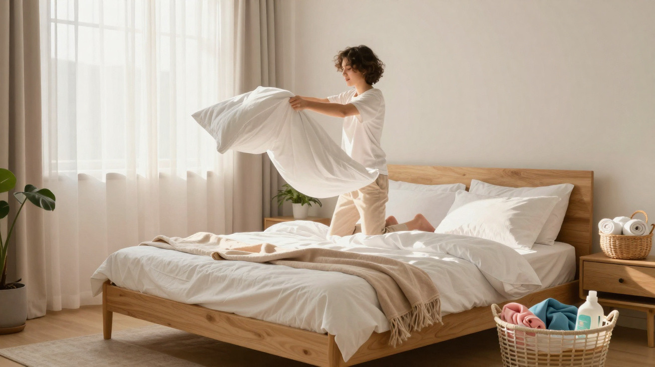 Frau macht das Bett in einem hellen Schlafzimmer mit Holzmöbeln und Wäschekorb neben dem Bett.