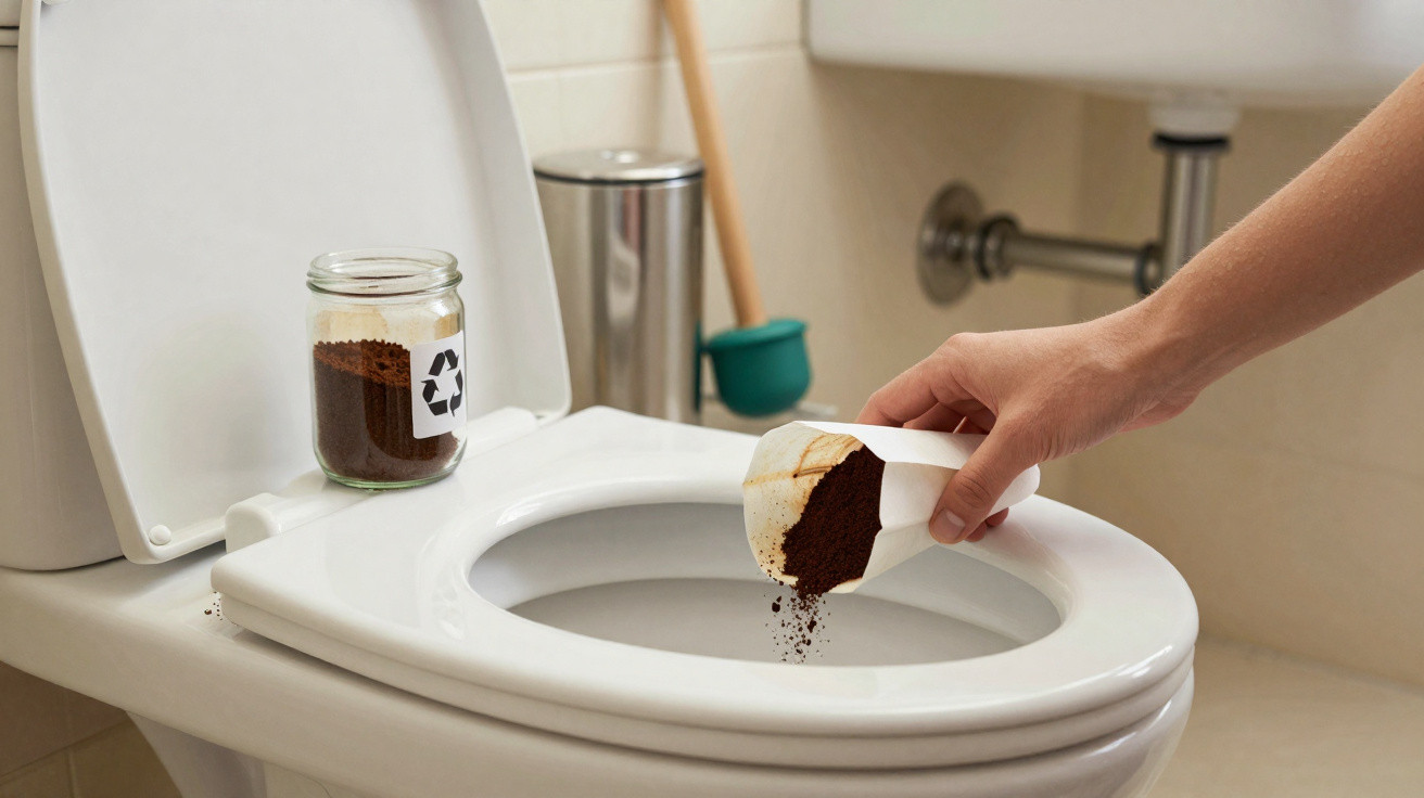 Hand schüttet gebrauchten Kaffeefilter in Toilette, neben Glas mit Kaffeesatz und Recyclingzeichen.