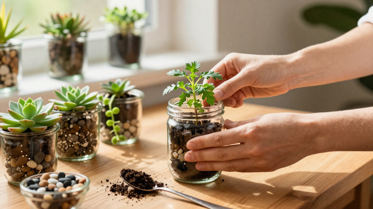 Hände pflanzen kleine grüne Pflanze in Glas mit Erde und Steinen auf Holztisch neben Sukkulenten.