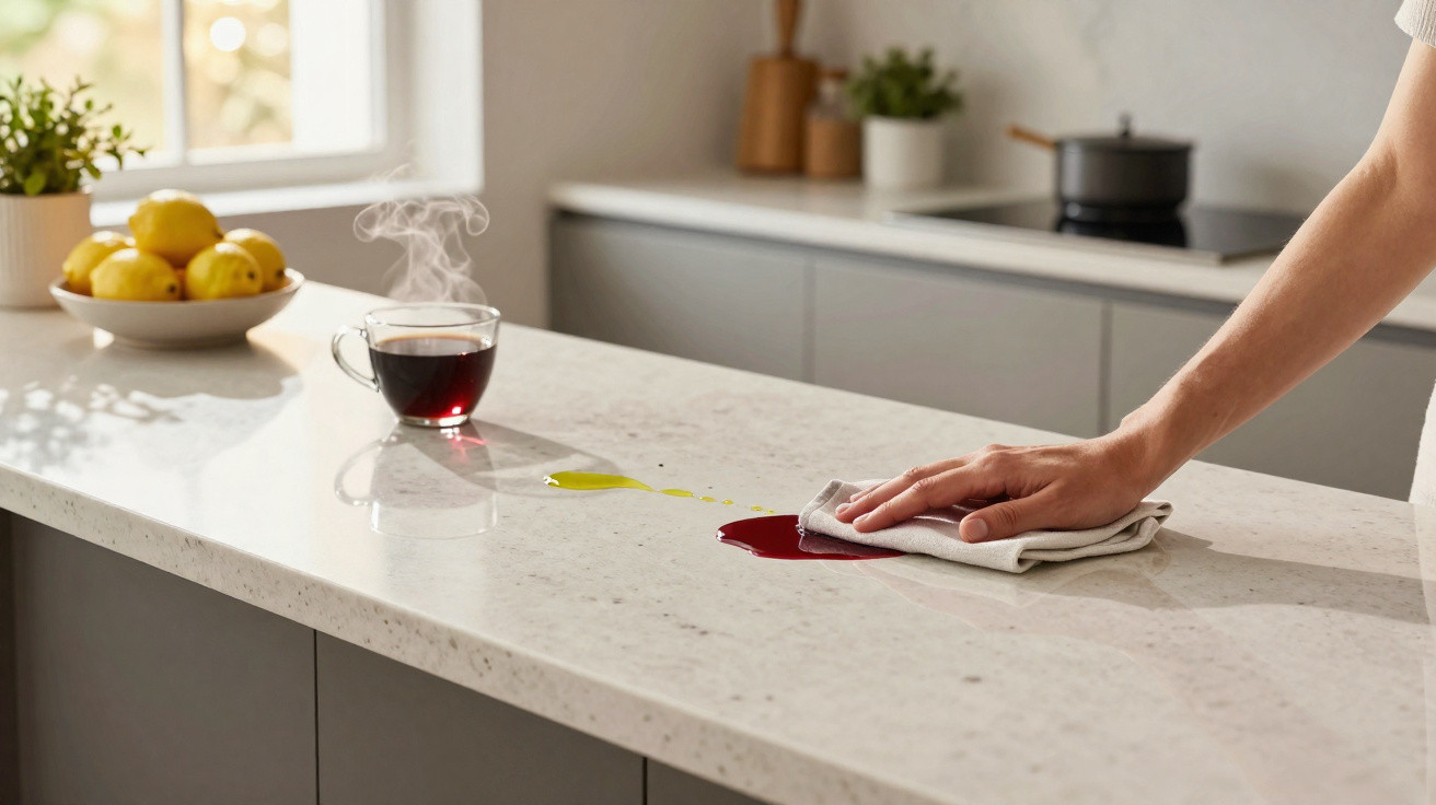 Hand wischt Rotwein- und Ölverschmutzungen auf weißer Küchenarbeitsplatte mit Tuch ab, dampfende Tasse daneben.