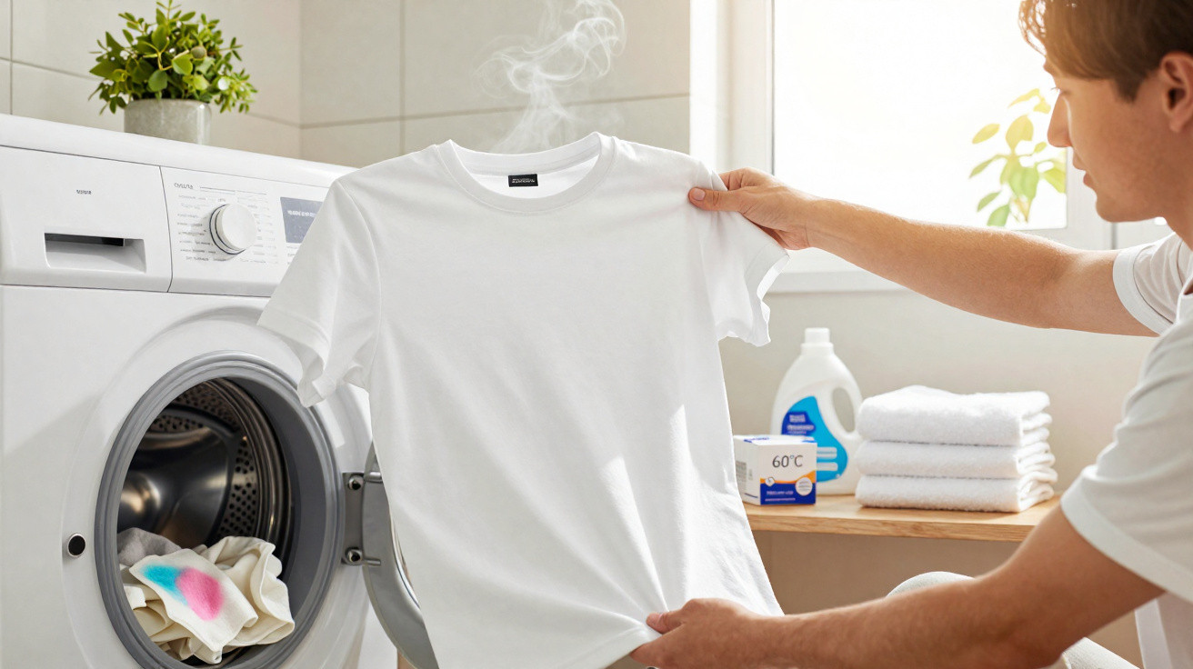 Person hält dampfendes weißes T-Shirt vor geöffneter Waschmaschine im hellen Waschraum