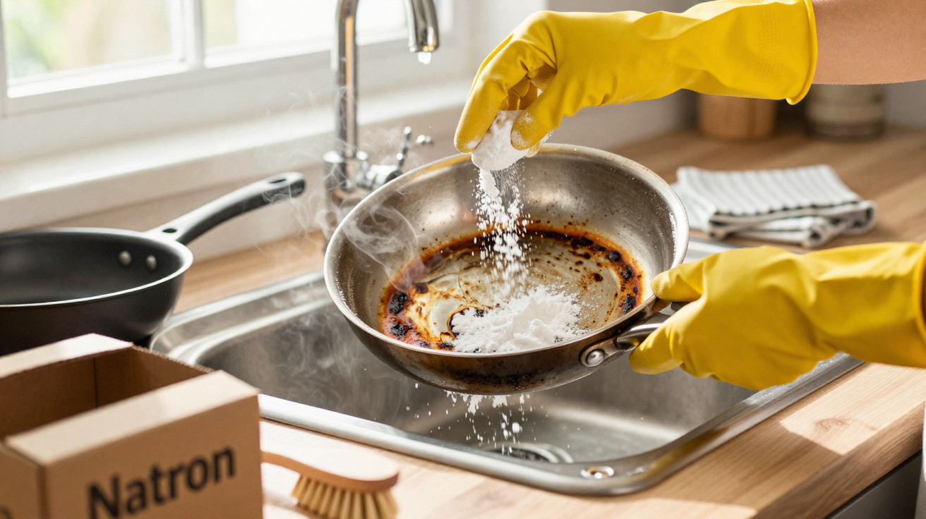 Person mit gelben Handschuhen streut Natron in eine verkohlte Pfanne zum Reinigen in der Küche.