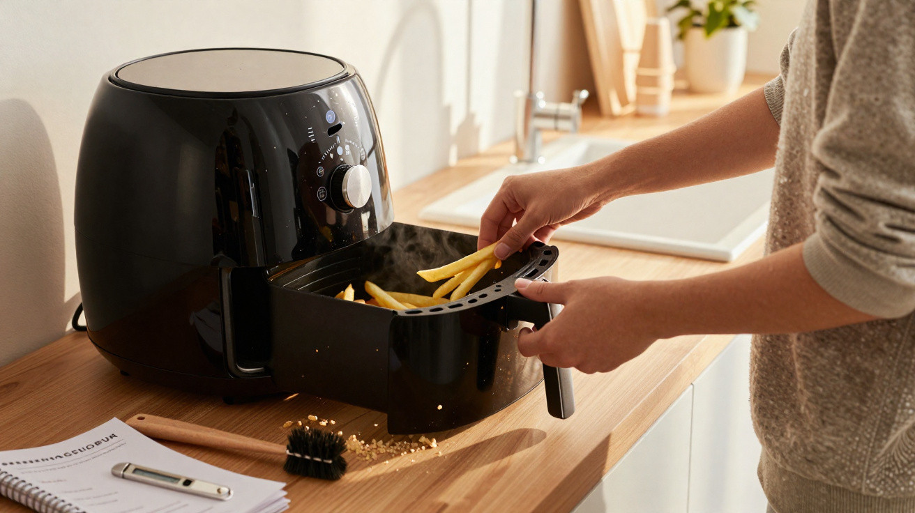 Person nimmt heiße Pommes Frites aus schwarzer Heißluftfritteuse in moderner Küche heraus.