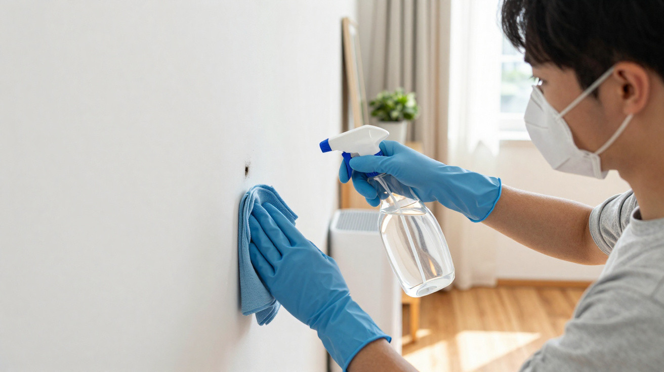 Person mit Maske und Handschuhen reinigt Fleck an weißer Wand mit Sprayflasche und Tuch in hellem Raum.