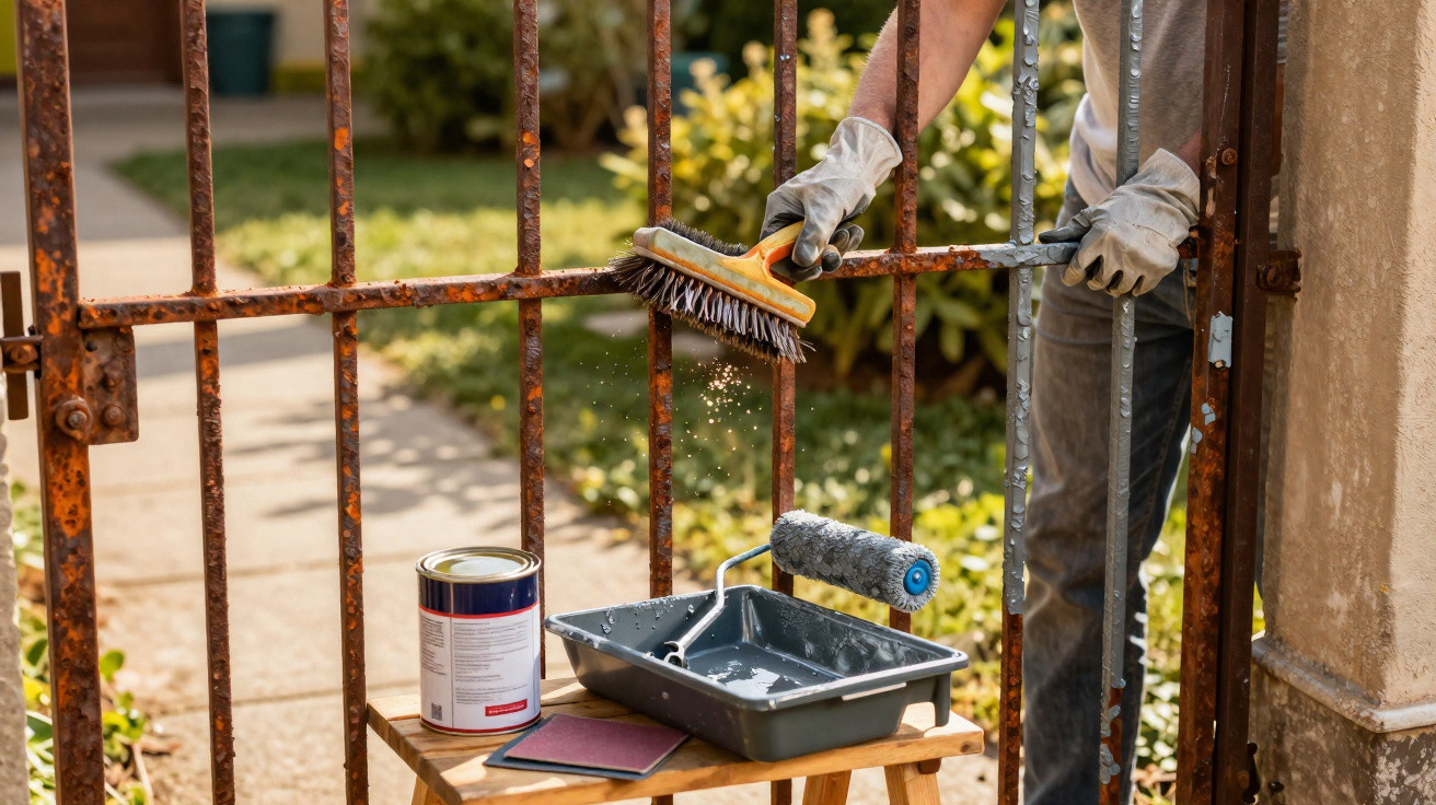 Person reinigt rostiges Metalltor mit Drahtbürste zum Streichen im Gartenbereich.