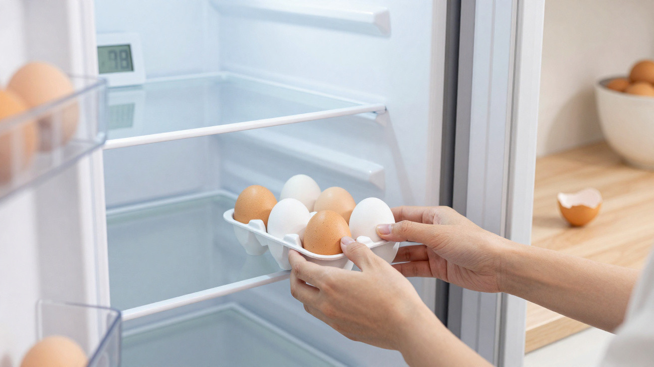 Person legt braune und weiße Eier in einen Eierhalter im Kühlschrank mit digitaler Temperaturanzeige.
