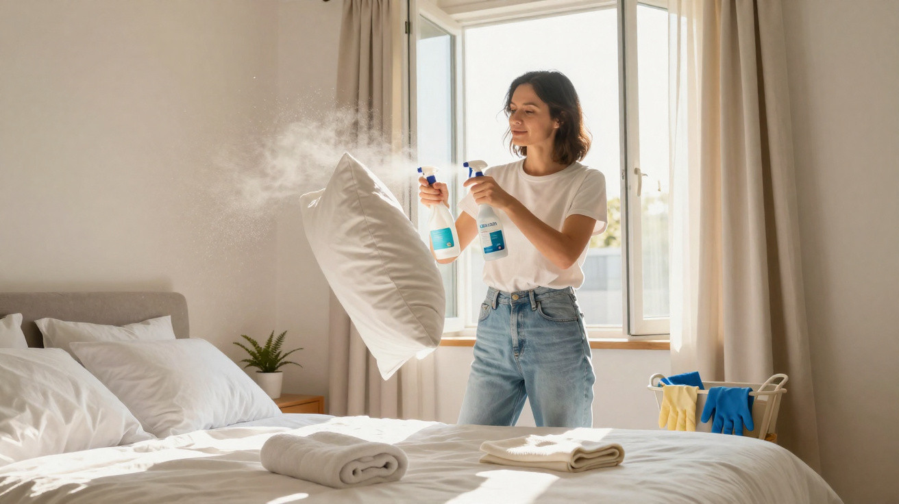 Frau sprüht frischen Duft auf ein Kissen in einem hellen Schlafzimmer mit geöffnetem Fenster.