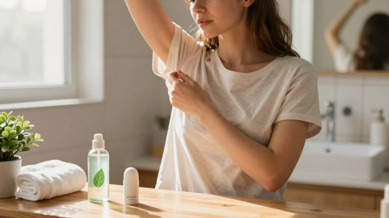 Frau trägt Deodorant unter den Arm im hellen Badezimmer mit Pflanzen und Handtuch.