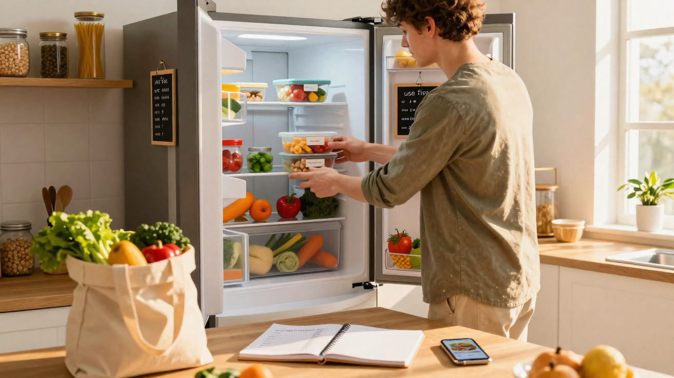 Person stellt Frischhaltedosen mit Gemüse in einen geöffneten Kühlschrank in einer modernen Küche.