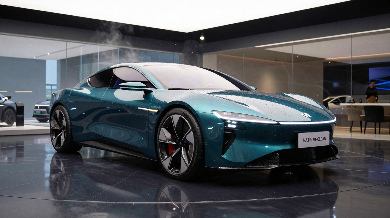 Blauer Elektro-Sportwagen mit modernem Design in einer eleganten Ausstellungshalle, Modellname Natron-Clean sichtbar.