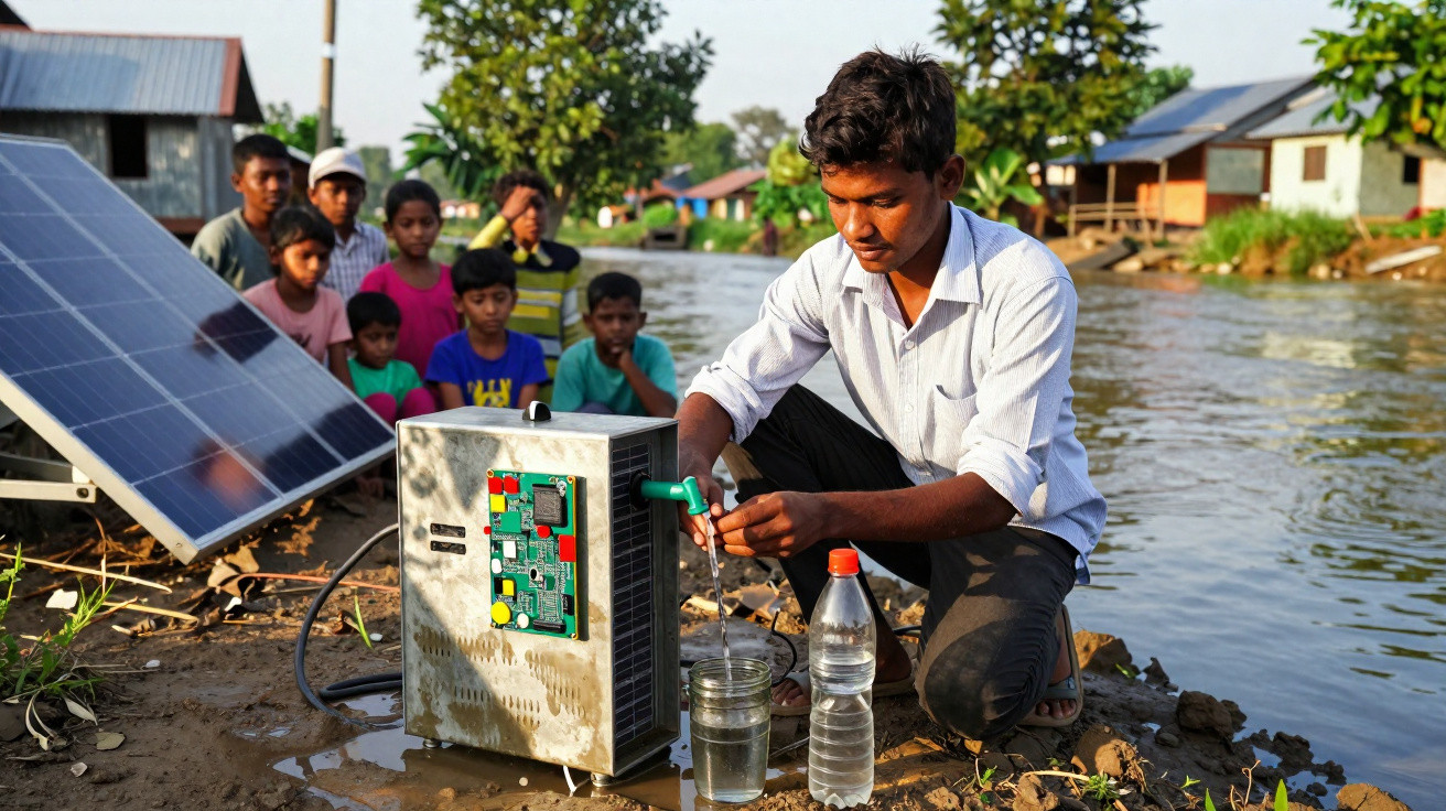 Ein Mann füllt Wasser an einem Wasserspender mit Solarzelle, Kinder schauen im Hintergrund zu.