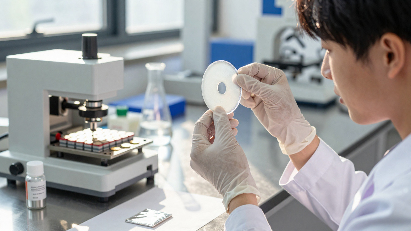 Wissenschaftler im Labor untersucht eine Probenplatte mit Schutzhandschuhen vor einem Mikroskop.