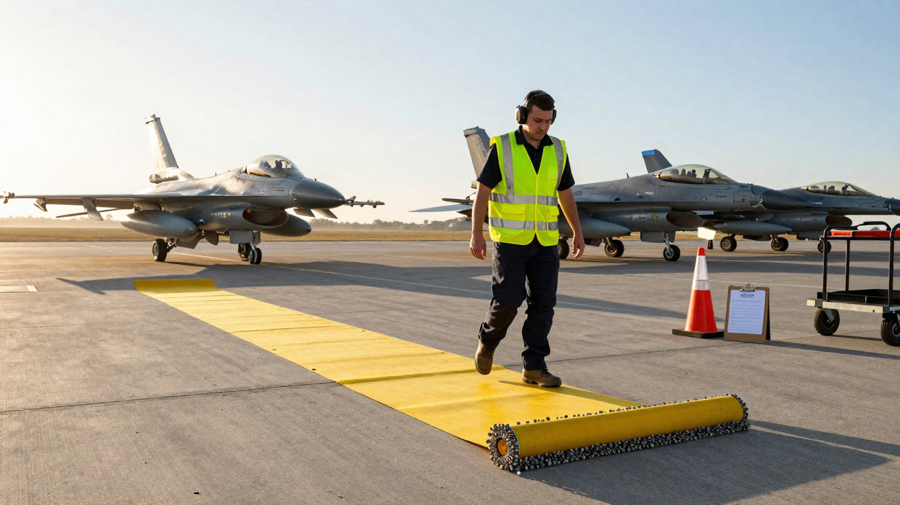 Mann mit Sicherheitsweste und Kopfhörern rollt gelben Teppich vor zwei geparkten Kampfjets auf Startbahn aus.