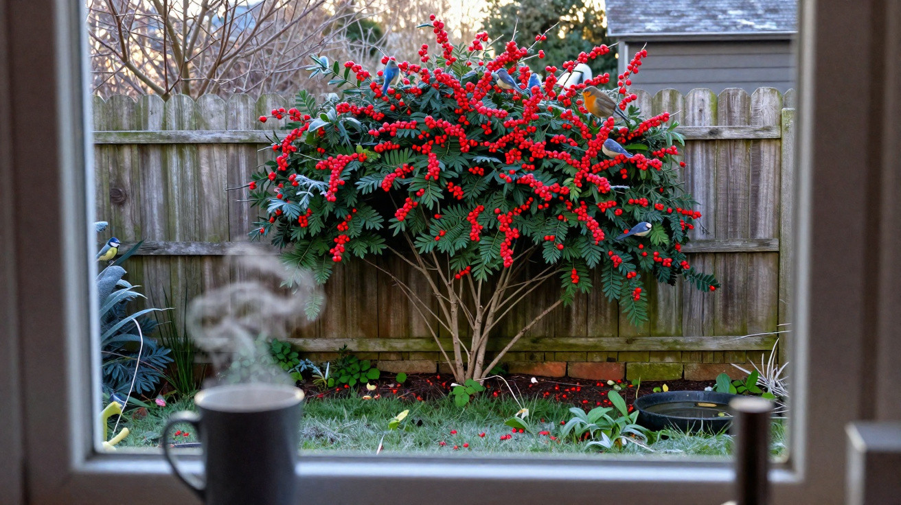 Blick durch ein Fenster auf einen Garten mit einem Strauch voller roter Beeren und mehreren kleinen Vögeln.