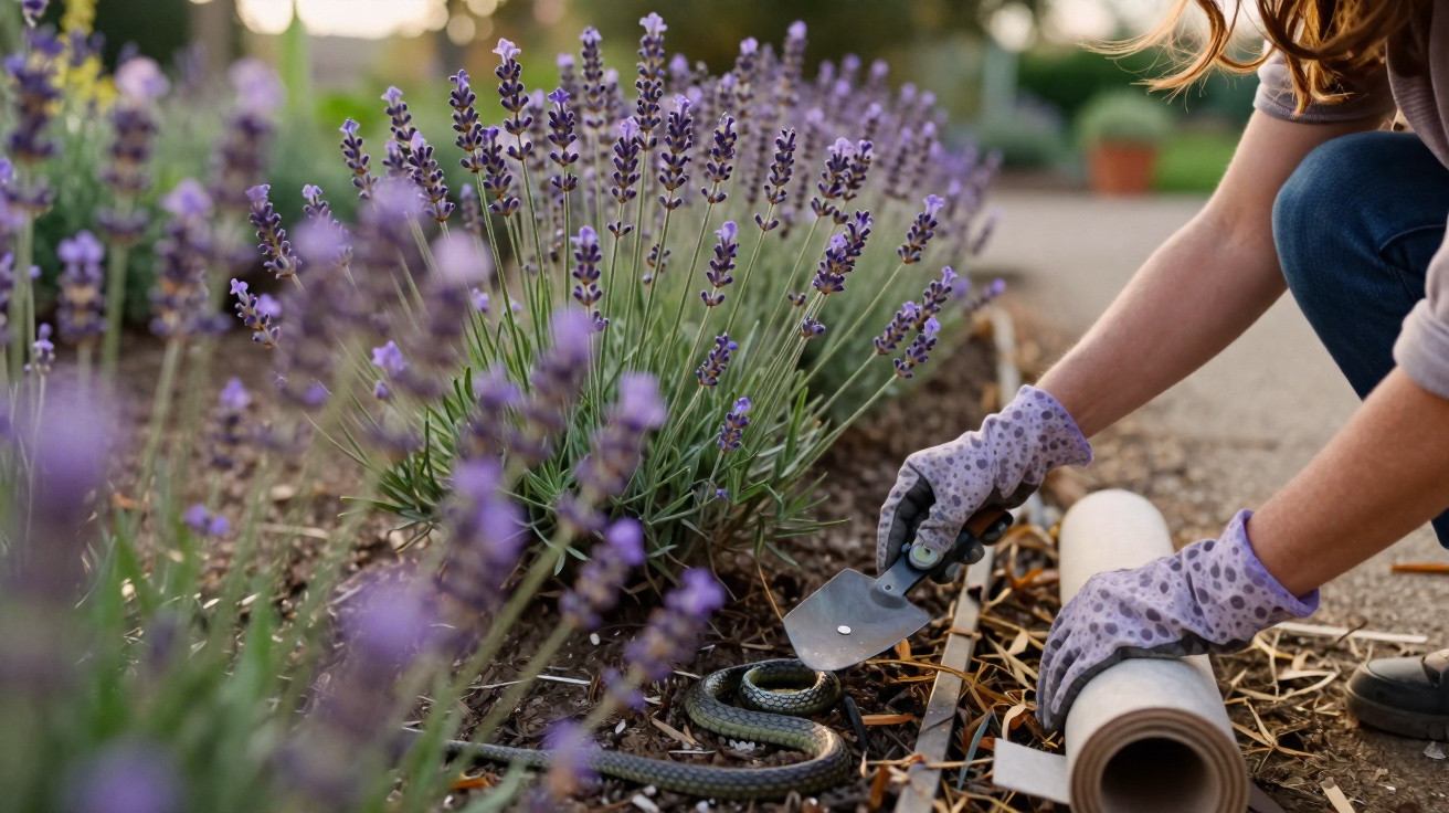 Person mit Handschuhen entfernt Schlange vorsichtig aus Gartenbeet mit Lavendel und Gartengerät.