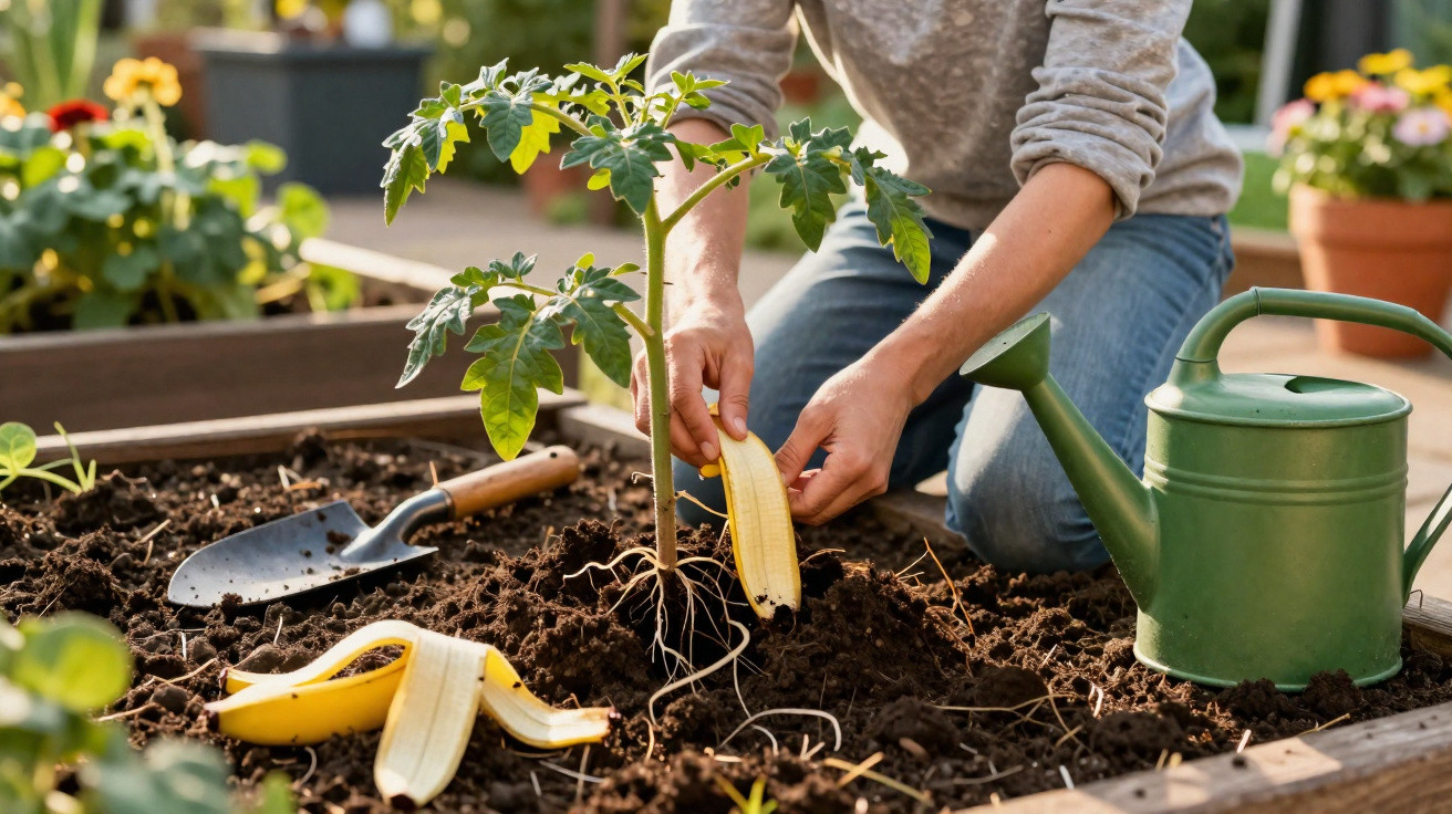 Person gibt Bananenschale als Dünger an eine Tomatenpflanze in einem Hochbeet im Garten.