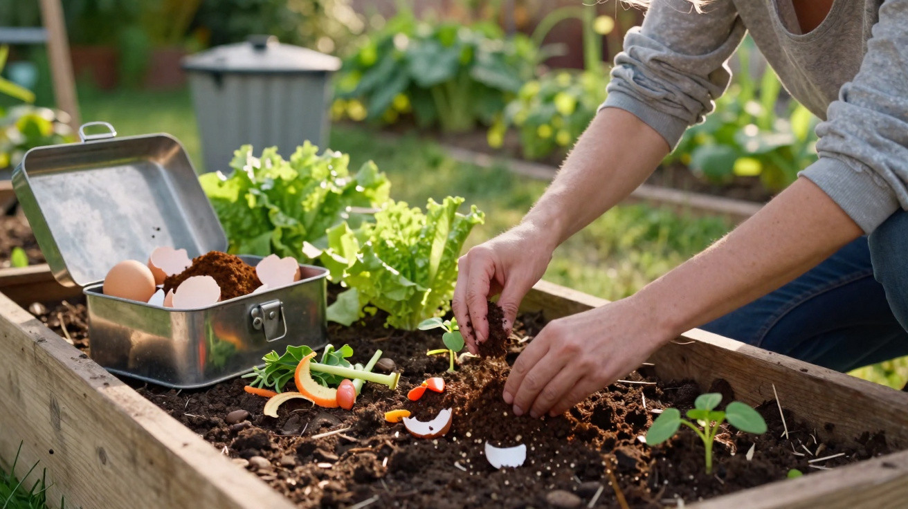 Person pflanzt Setzling in Hochbeet, neben Metallbox mit Kompost und Eierschalen im Garten.