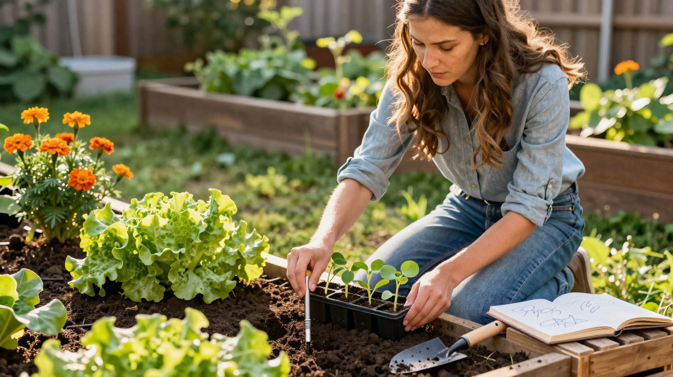 Frau pflanzt Setzlinge in Hochbeet im Garten, neben ihr Gartenschaufel und aufgeschlagenes Notizbuch.