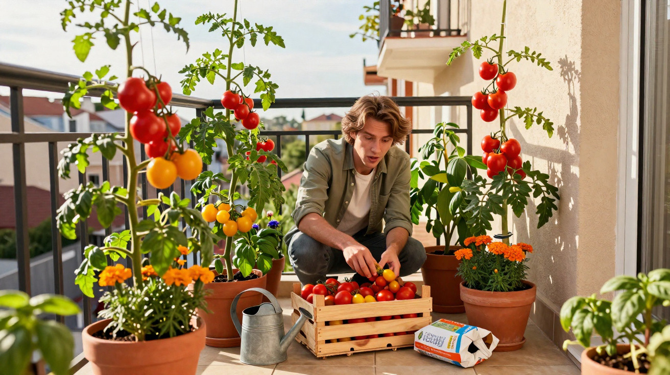 Junger Mann erntet reife Tomaten auf dem Balkon, umgeben von verschiedenen Topfpflanzen.