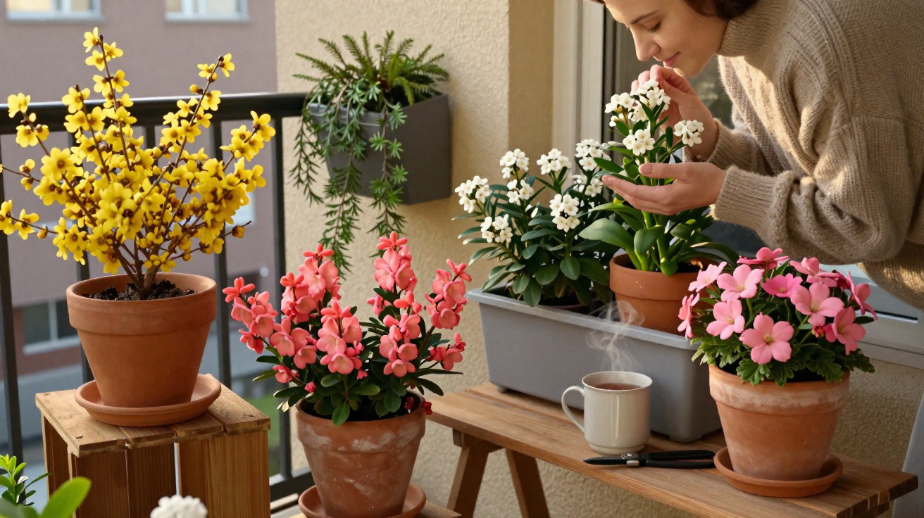 Frau riecht an weißen Blumen auf Balkon mit bunten Blumentöpfen und dampfender Tasse Tee.