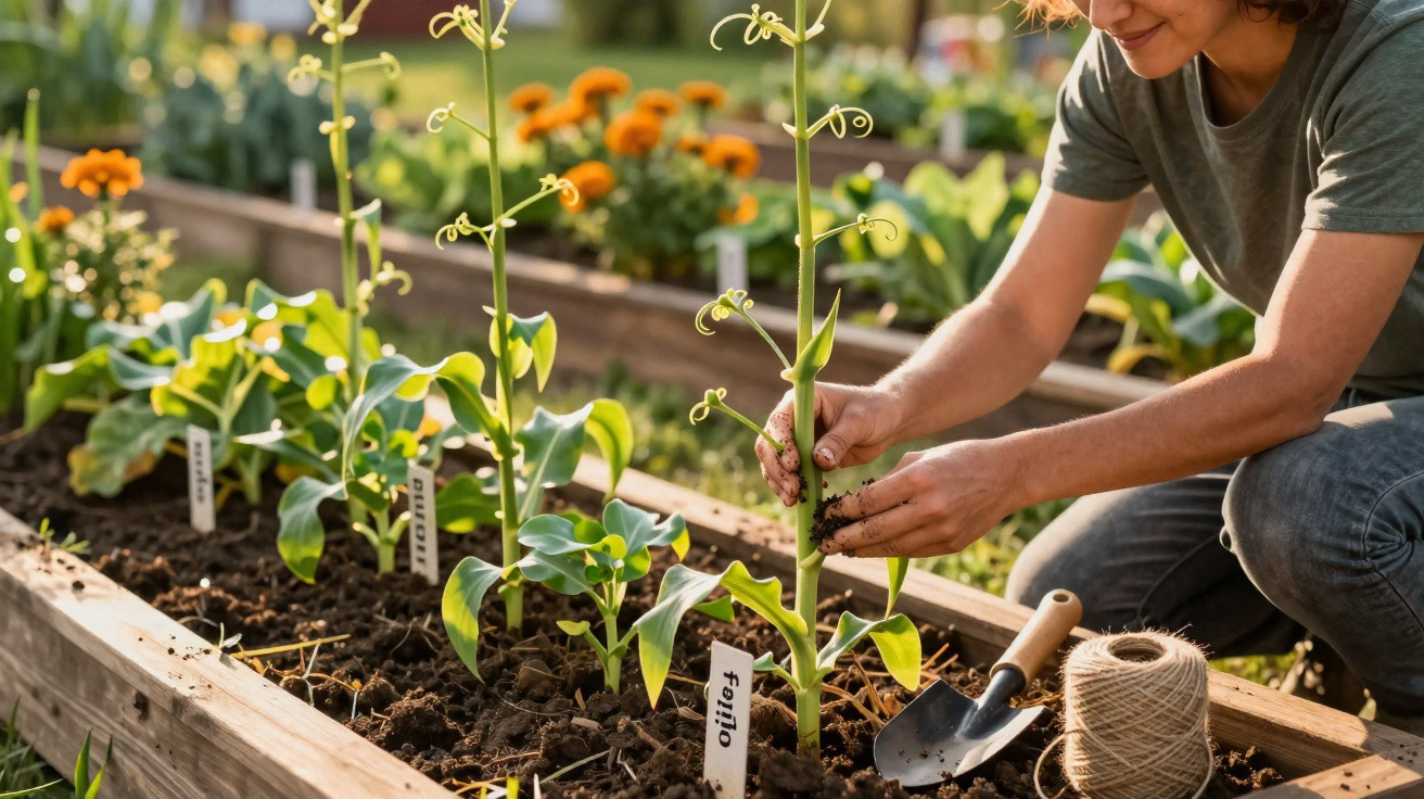 Frau pflegt junge Pflanzen in Hochbeet mit blühenden Blumen im Hintergrund bei Sonnenschein.