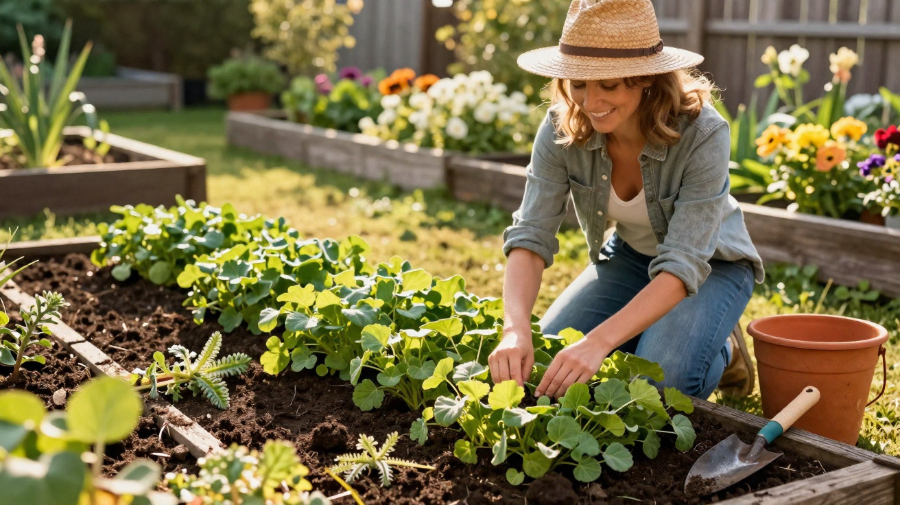 Frau mit Strohhut pflegt Pflanzen in einem Hochbeet in einem sonnigen Garten am Tag.