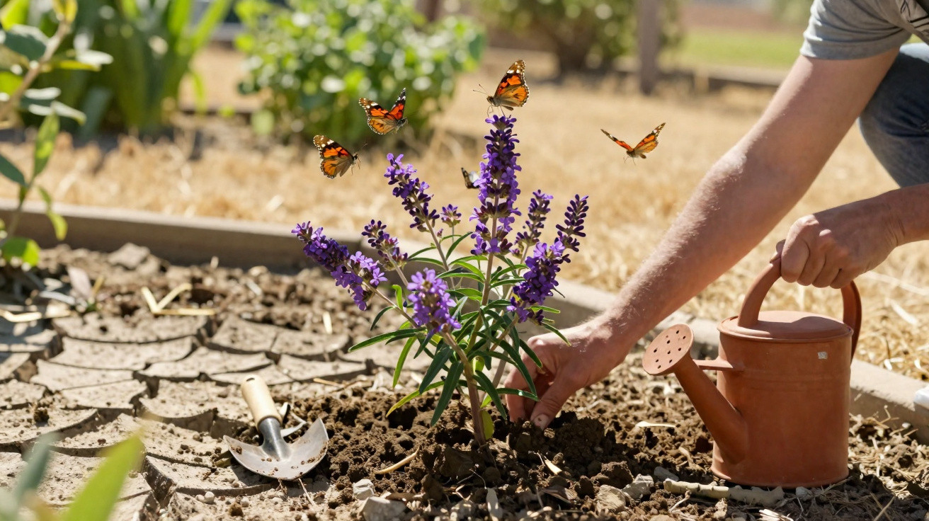 Hand gießt blühenden Lavendel im Garten, mehrere Schmetterlinge fliegen um die Pflanze.