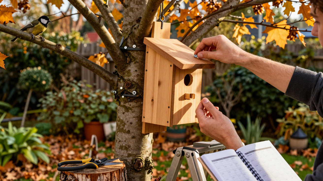 Person montiert ein neues Vogelhaus an einem Baum im Herbstgarten, links sitzt eine Kohlmeise auf dem Ast.