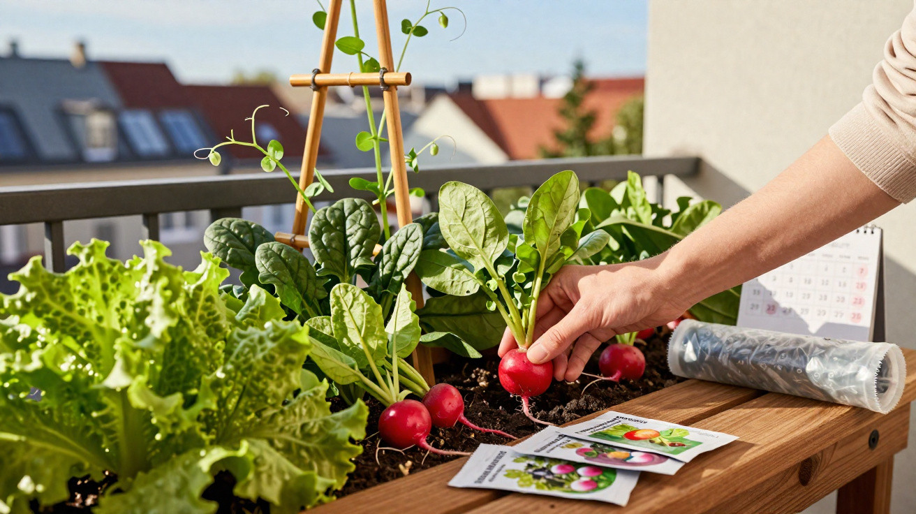 Hand erntet Radieschen aus einem Hochbeet mit Salat und anderen Pflanzen auf einem Balkon.