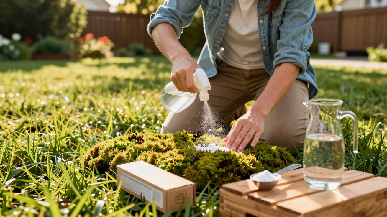 Person sprüht Flüssigkeit auf Moospflanzen im Garten bei Sonnenlicht.