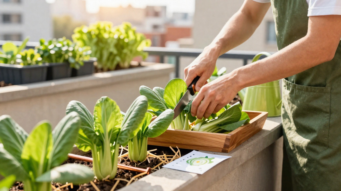 Person erntet frischen Mangold auf einem Balkon mit Pflanzkästen bei Sonnenschein.